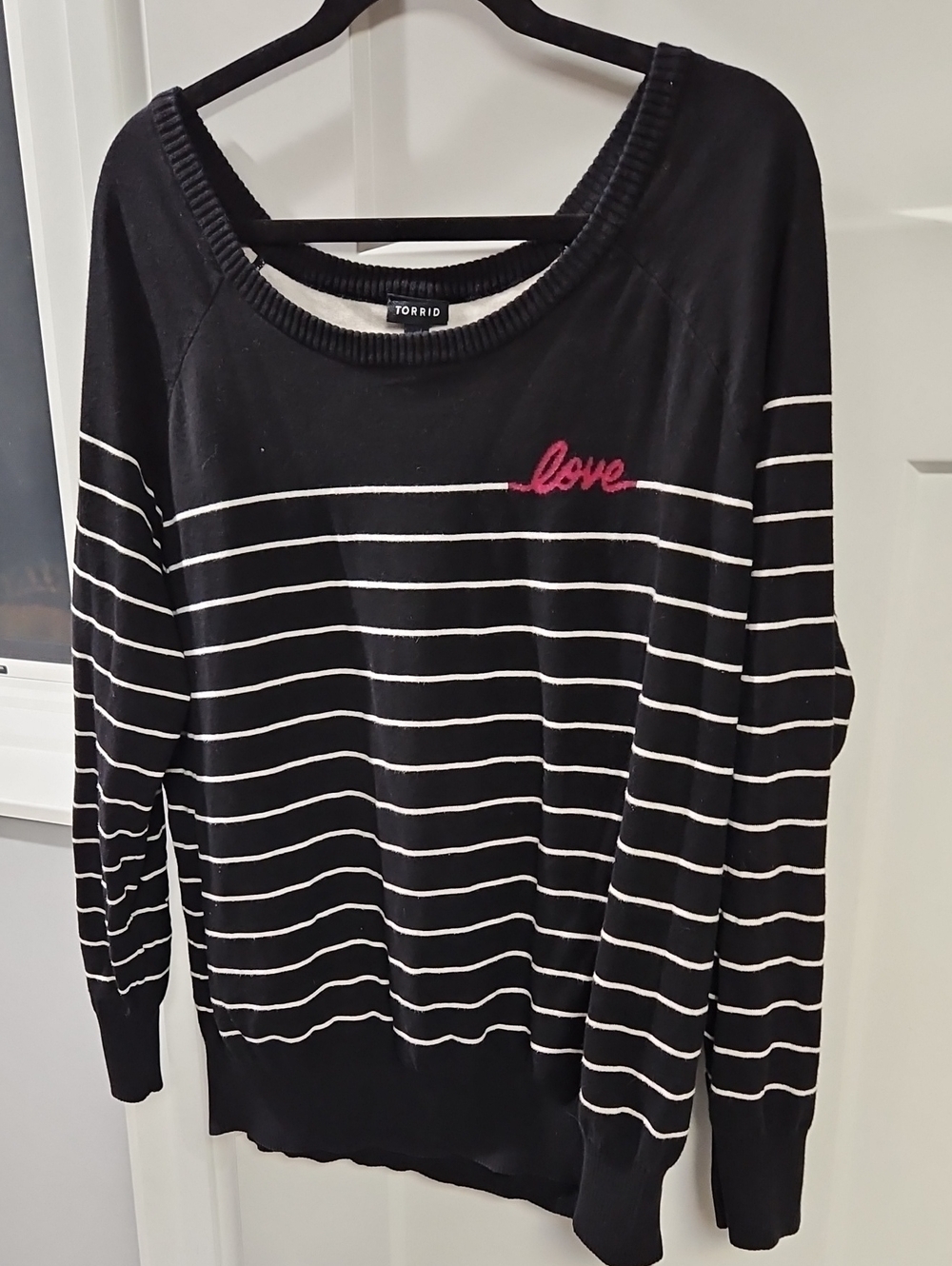 torrid Black & White Striped Sweater with Pink "love" Embroidery